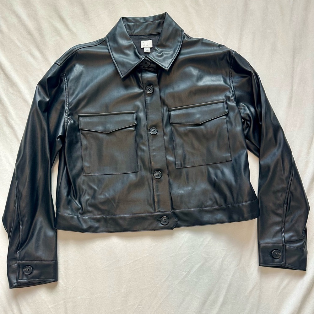 a new day Glossy Black Leather Jacket